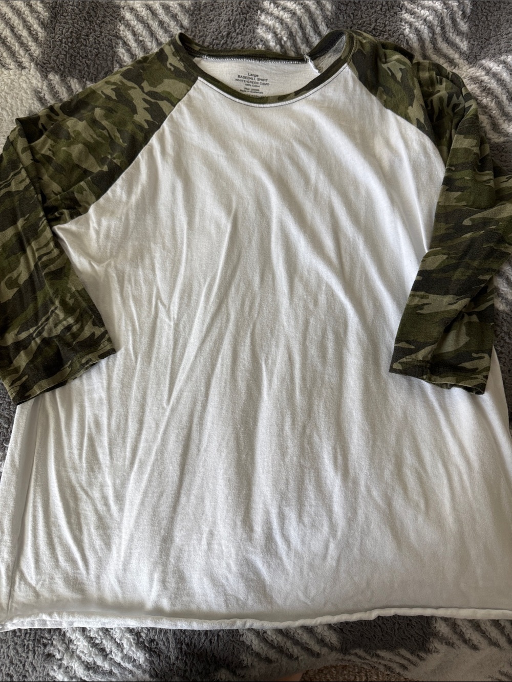 White Baseball Tee with Camo Sleeves